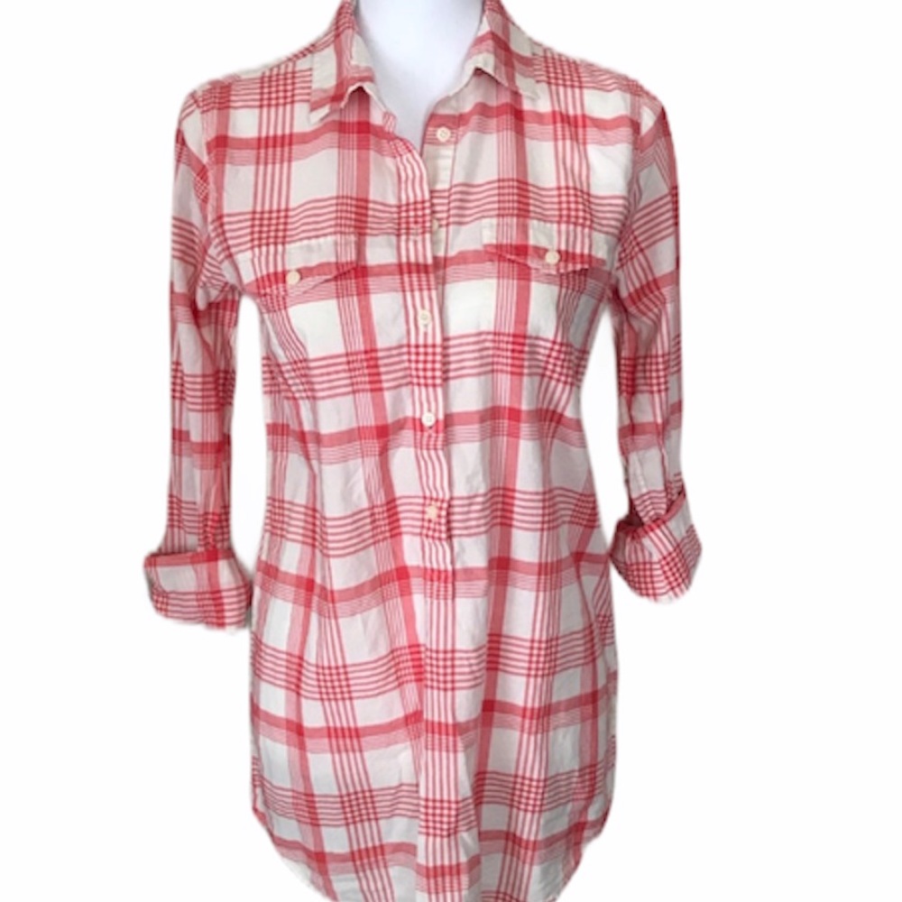 J.Crew Red White Plaid Pullover Shirt Long Sleeve Half Button Front Top XS